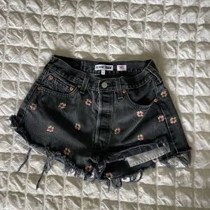 Re/Done Black Floral Embroidered Jean Shorts